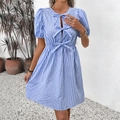 Blue and white striped summer dress with puff sleeves and bow tie detail - S / Blue Stripe