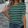 Camiseta de mujer con mangas abullonadas a rayas verde oscuro y blanco con cuello redondo - S / Rayas Verde Oscuro (Y1800) / Verde Oscuro