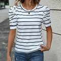 Camiseta chic de mujer con mangas abullonadas y clásicas rayas blancas y negras - S / Rayas Blancas (Y1800) / Blanco