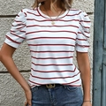 Damen T-Shirt mit rot-weißen Streifen, modischen Puffärmeln und klassischem Rundhalsausschnitt - S / Rot Gestreift (Y1800) / Rot