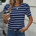 Camiseta de mujer a rayas azul marino y blanco con elegantes mangas abullonadas - S / Rayas Azules (Y1800) / Azul