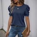 Women's crew neck T-shirt with puff sleeves in dark blue color and casual fit - Navy Blue
