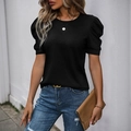 T-shirt noir femme avec manches bouffantes et coupe ajustée en maille décontractée - S / Noir
