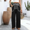 Schwarze Damen-Weithose mit hoher Taille und weißen kontrastierenden Wellenstickereien - S / Schwarz