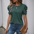T-shirt femme vert foncé avec manches bouffantes élégantes et col rond décontracté - S / Vert Foncé