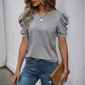 Women's casual grey t-shirt with puff short sleeves and round neck in jersey cotton - Light Gray