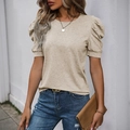 Women's casual beige puff sleeve t-shirt with knit texture and crew neckline - Apricot
