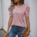 Pink puff sleeve casual t-shirt with classic crew neck and textured fabric finish - Pink