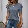 Women's casual grey t-shirt featuring stylish puff short sleeves and round neckline - Haze Blue