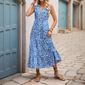 Robe longue sans manches à col en V à motifs abstraits paisley bleu et blanc avec boutons - S / Bleu