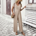 Elegant khaki V-neck wide-leg jumpsuit with flutter sleeves and pleated texture details - S / Apricot