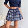 Y2K style blue plaid puff mini skirt with elastic waist and button detail for women - S / Navy Blue