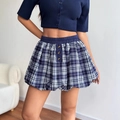 Y2K high-waisted blue and white plaid puff mini skirt with decorative front buttons - S / Navy Blue