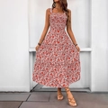 Dames zomer boho maxi-jurk met rood-witte bloemenprint en elastisch geplooid bovenstuk - S / Oranje