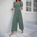 Dark green short sleeve jumpsuit with white floral print and elegant square neckline - S / Green