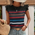 Γυναικείο ριγέ T-shirt με κοντά μανίκια με μαύρη δαντέλα και σχέδιο patchwork - S / Μαύρο