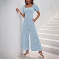 Sky blue floral romper with square neck, puff sleeves and smocked waist detail - Light Blue