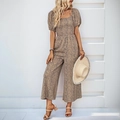 Floral print short bubble sleeve romper with smocked chest and wide legs in beige - Khaki