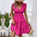 Vestido rosa fucsia de verano con cuello en V, volantes y falda de capas - S / Rosa Rojo