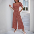 Women's brick red ditsy floral print wide leg jumpsuit with square neck and puff sleeves - Burgundy