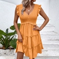 Vestido de verano naranja brillante con cuello en V, corpiño elástico y volantes - S / Naranja Quemado