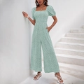Light green floral jumpsuit with puff sleeves and square neck in French retro style - Mint Green