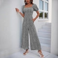 Short sleeve floral jumpsuit with retro square neck and puff sleeves in black and white print - Black and White