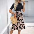 Damen Sommerkleid im Zweiteiler-Stil mit schwarzem Oberteil und beige Blattmuster-Rock - S / Khaki