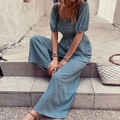 Floral print bohemian wide-leg jumpsuit with smocked waist and puffed sleeves in dark teal - Blue & White