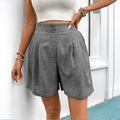 Pantaloncini a vita alta grigio chiaro da donna in lino con doppio bottone e pieghe frontali - S / grigio scuro