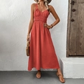Sleeveless brick red maxi dress with V-neck and pleated waist for summer vacations - S / Redwood