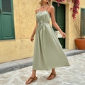 Vestido maxi de verano verde salvia con corpiño plisado y cordón ajustable en cintura - S / Verde