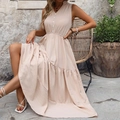Vestido largo beige sin mangas con cuello en V y botones en tejido texturizado para verano - S / Albaricoque