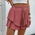 Women's rose pink textured summer shorts with high elastic waist and layered ruffles - Redwood