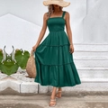 Elegant dark green tiered summer maxi dress with smocked bodice for vacation - Dark Green