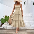 Elegant khaki tiered summer maxi dress with smocked bodice and square neckline - Apricot
