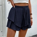 Women's dark blue elastic high waist layered ruffle shorts with textured fabric - Navy Blue