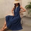Abito lungo blu scuro senza maniche con scollo a V, bordo in pizzo e orlo a balze - S / Blu Notte