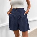 Damen-Freizeitshorts mit hoher Taille in Dunkelblau mit Leinenstruktur und Knöpfen - Marineblau