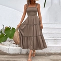 Sleeveless tiered midi dress in brown with smocked bodice for summer vacations - Coffee