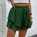 Women's dark green textured high-waisted shorts with double-layered ruffles and drawstring - Dark Green