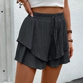 Dark grey textured double-layered summer shorts with elastic waistband and drawstring - Dark Gray