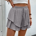 Women's summer grey high waisted shorts with ruffled texture and drawstring waist - Light Gray