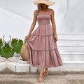Dusty rose summer maxi dress with square neck, smocked bodice and tiered ruffle skirt - Pink