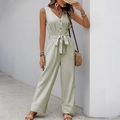 Grün-weiß gestreifter ärmelloser Jumpsuit mit V-Ausschnitt, Taillenband und weitem Bein - S / Armeegrün