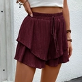 Women's burgundy high waist textured shorts with elastic tie and double layer hem - Burgundy