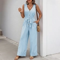 Blau-weiß gestreifter ärmelloser Jumpsuit mit V-Ausschnitt, Knöpfen und Taillenband - S / Hellblau