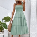 Grass green maxi sundress with shirred bodice and tiered skirt for summer vacations - Teal