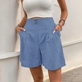 Damen High-Waist-Shorts in Graublau mit weitem Bein, Doppelknöpfen und Leinentextur - Minzblau
