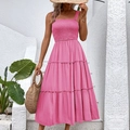 Rose pink square neck tiered midi dress with elastic smocked bodice and wide straps - Rose Red